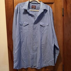 Vintage Wrangler Pearl Snap Western Shirt Mens XLT Blue White Stripe Cowboy